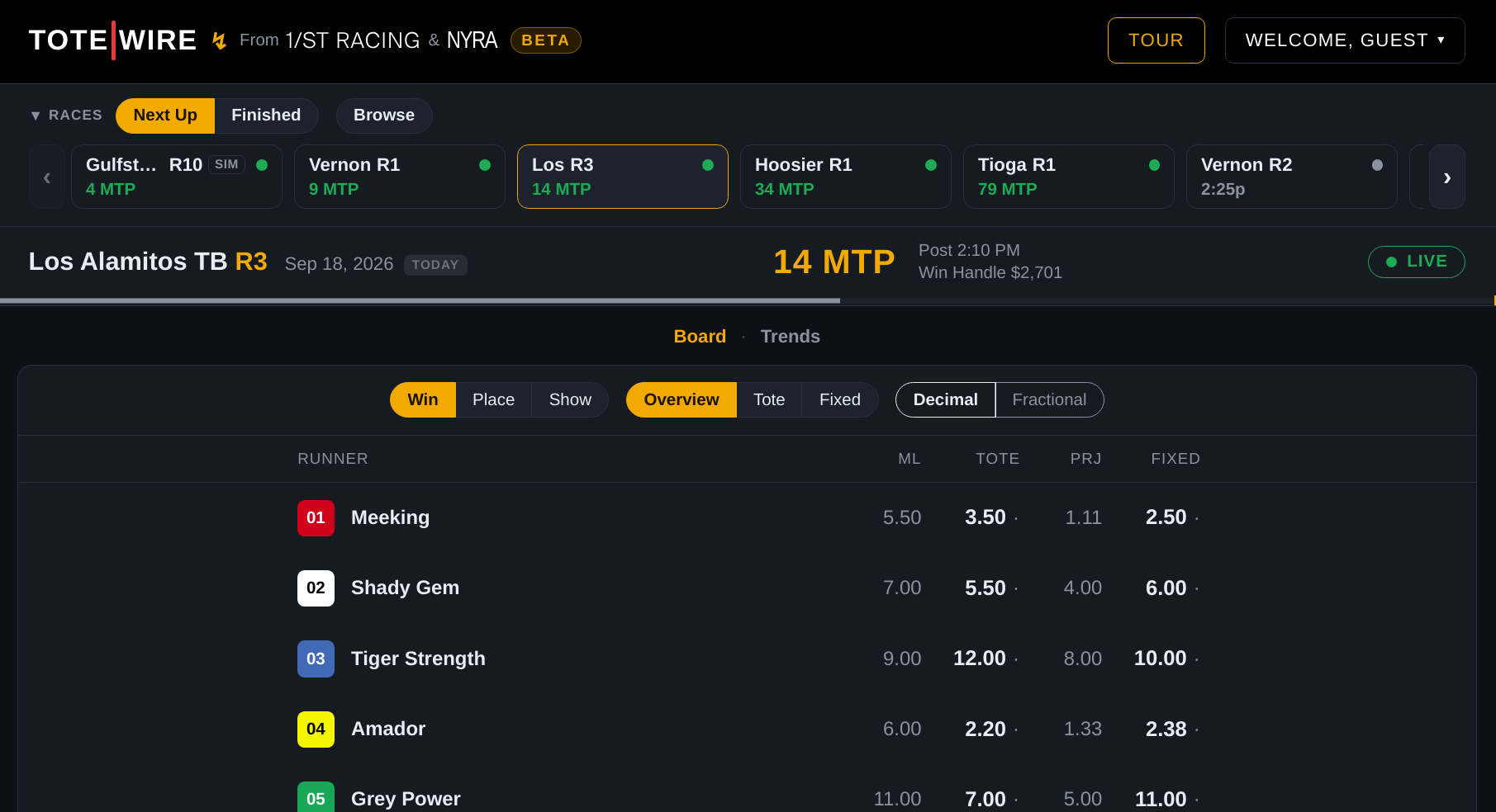 A live race's board: the next-up race chips across the top, the status band counting down minutes to post, and every runner's morning line, tote, projected and fixed odds.