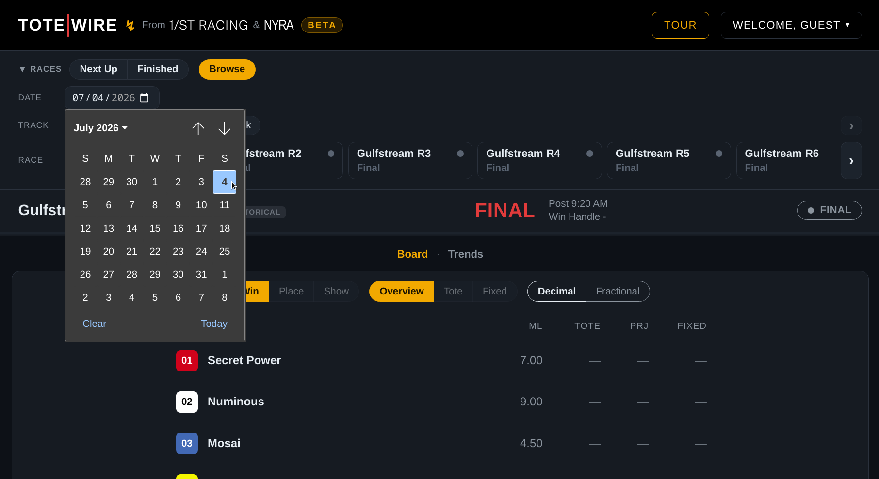 Browse mode with the date picker open over the track and race pickers, on a past race day.