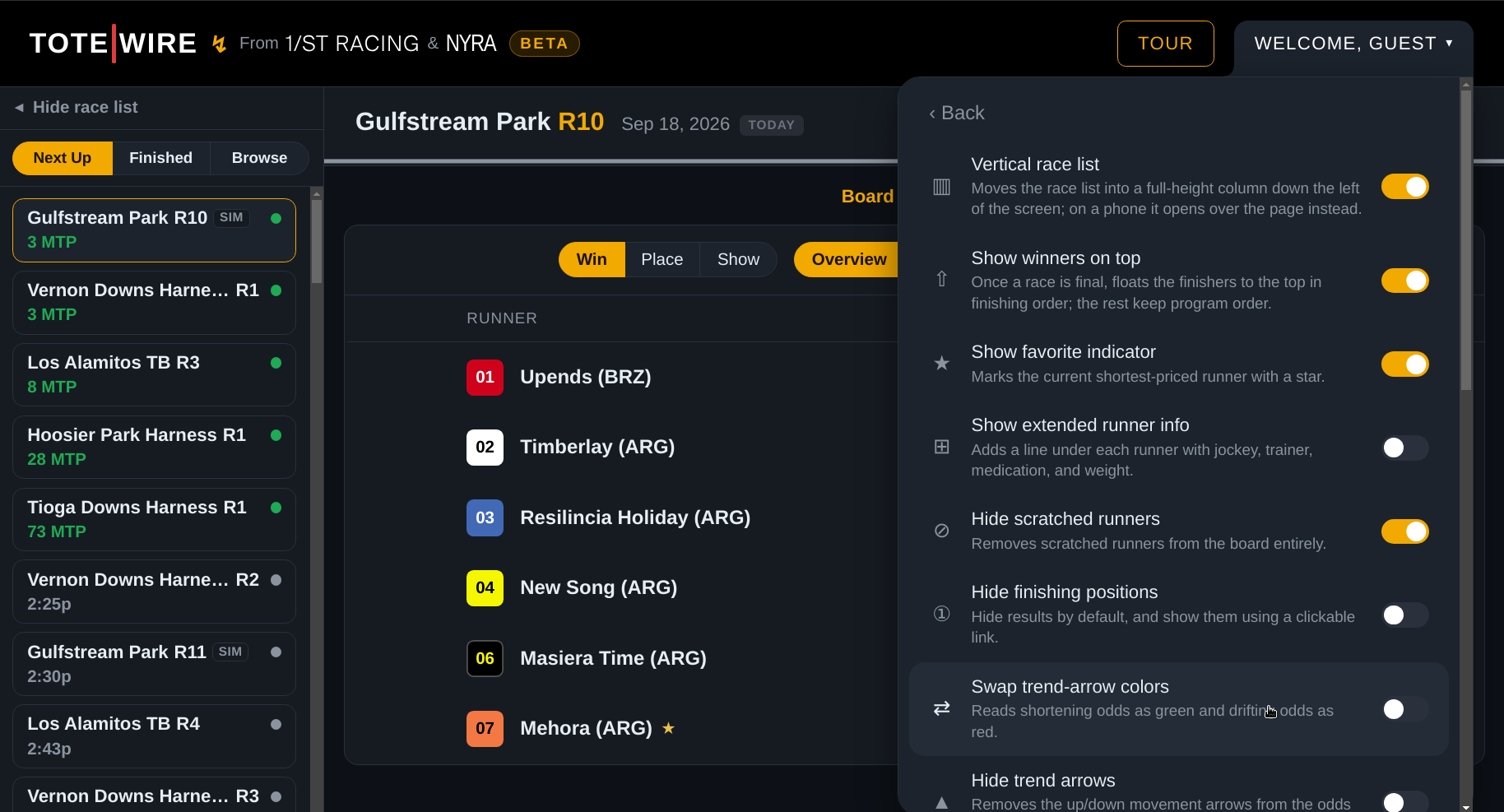 The preferences menu open over a board, with toggles for the vertical race list, winners on top, the favorite indicator, extended runner info, scratched runners and the trend arrows.
