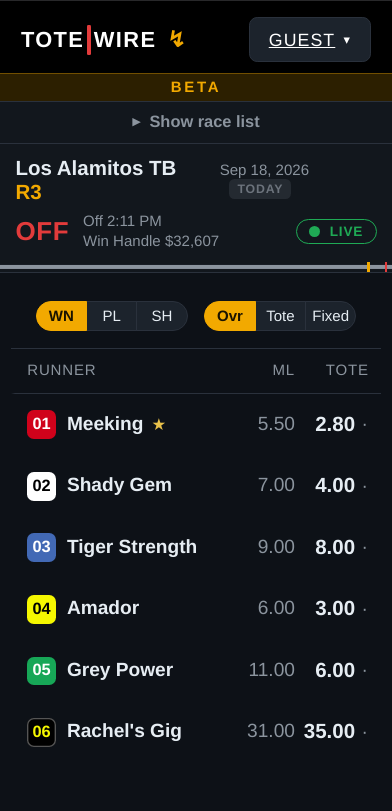 The board on a narrow screen: header, status band and runners stacked for a phone, with the pool and odds toggles condensed.